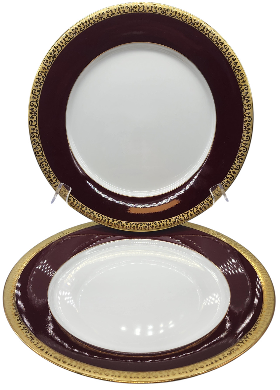 Set of 2 1991 Royal Gallery Gold Buffet Burgundy / Red Dinner Plates 10.5 Inch